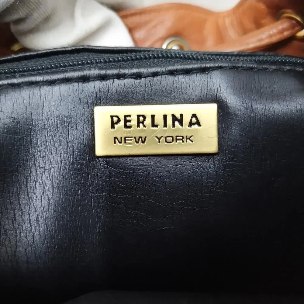 Perlina Brown Leather Zipper Pockets Flap Top Handle Drawstring Backpack